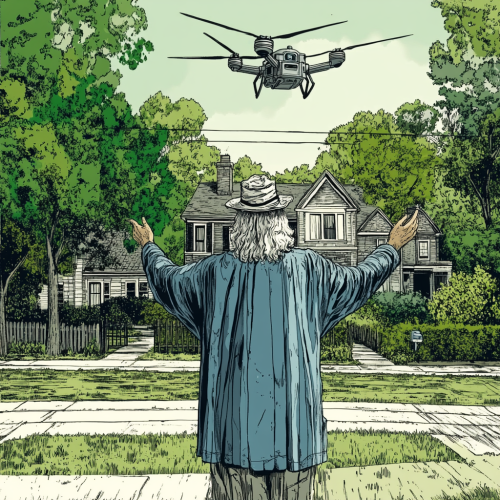Bearded wizard triumphs as drones mow lawn.