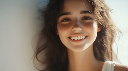 Beautiful, smiling girl not wearing makeup in shot.