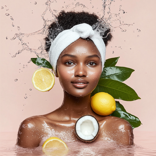 Beautiful African model washing with water and fruit