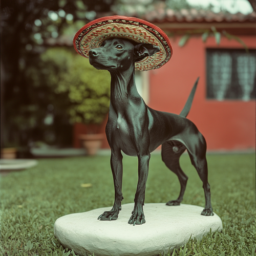 Beautiful Black Xoloitzcuintle in Mexican Garden with Hat