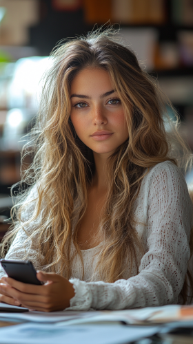 Beautiful Latina woman texting in office, feet up