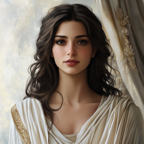 Beautiful Pandora in Greek attire, glowing with grace