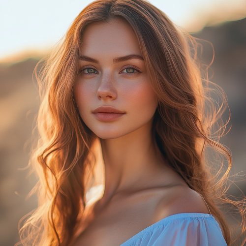Beautiful Ukrainian woman in elegant evening dress, sunset background.