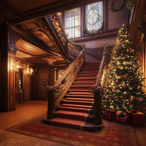 Beautiful Victorian staircase with Christmas decorations in 2024 home.