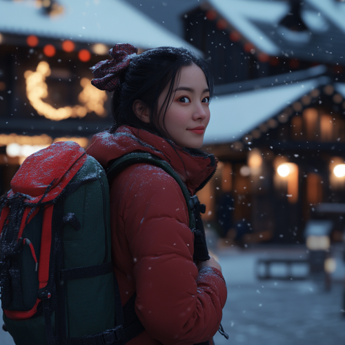 Beautiful Winter Scene of Korean Woman in Nordic Village