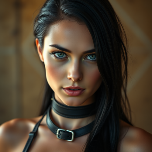 Beautiful Woman with Green Eyes in Leather Collar