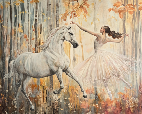 Beautiful ballerina and horse in Nordic autumn scene