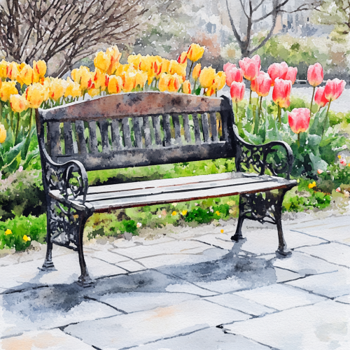Beautiful bench in spring garden watercolor illustration Beautiful bench in spring garden watercolor illustration