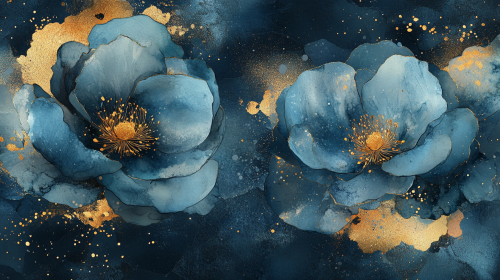 Beautiful big flowers with gold splashes on watercolor