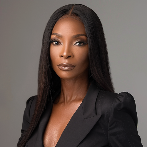 Beautiful black woman with long straight wig in studio