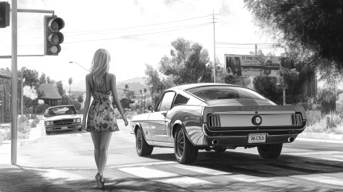 Beautiful blonde lady in dress walks towards retro car