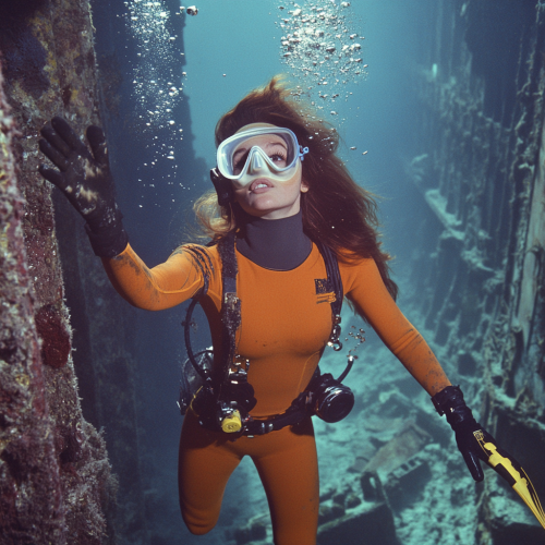Beautiful brunette diver in sunken ship, reaching upwards gracefully.