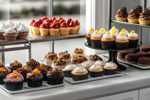 Beautiful cupcakes and enticing cake in bakery display