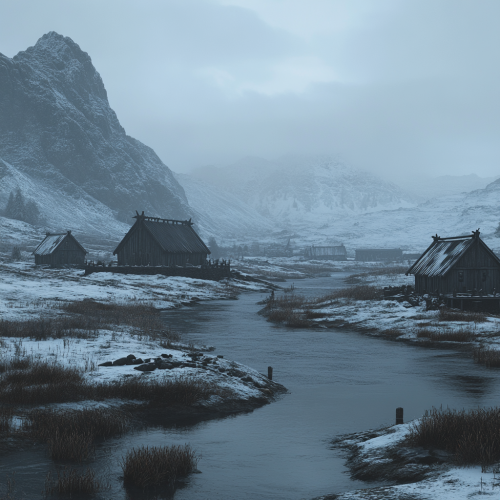 Beautiful dark fantasy tundra with small huts, pagan vibes.
