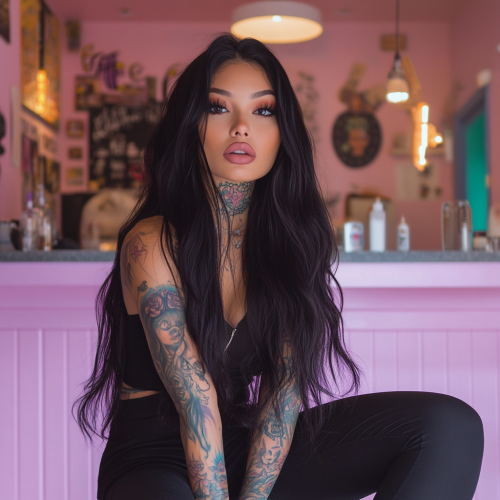 Beautiful girl with tattoos in tattoo shop