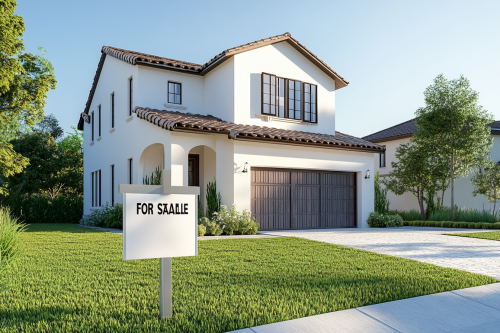Beautiful home for sale with sign in yard
