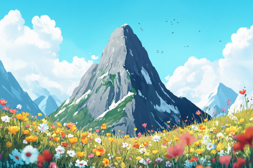Beautiful mountain and flower field in children's book.