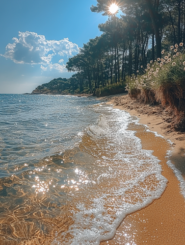 Beautiful nature view with water, blue sky, and sun