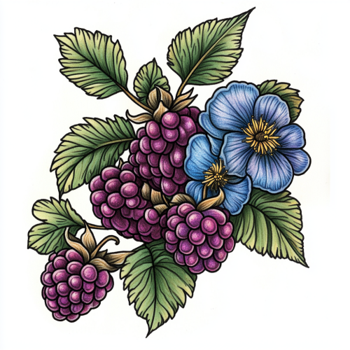 Beautiful tattoo of raspberry flower in different colors