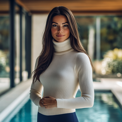 Beautiful woman in cream sweater stands by pool.