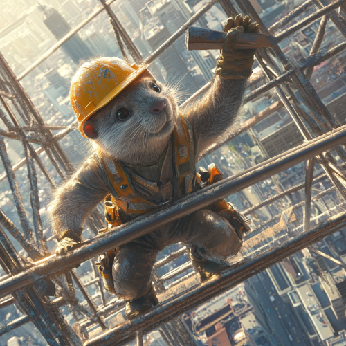 Beaver construction worker on city's tall scaffolding