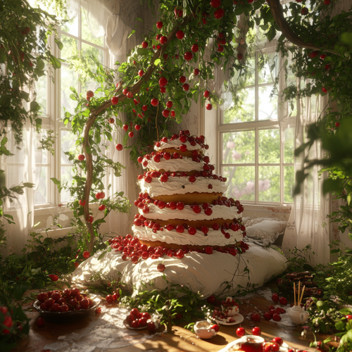 Bed designed like a giant cake with cherry trees.