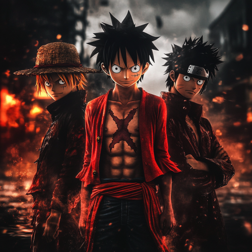 Big 3 manga characters together in realistic setting