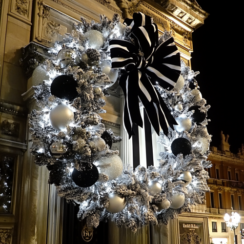 Big Christmas wreath with black and white decorations