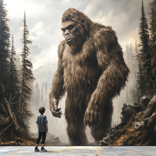 Big Foot staring at child in forest