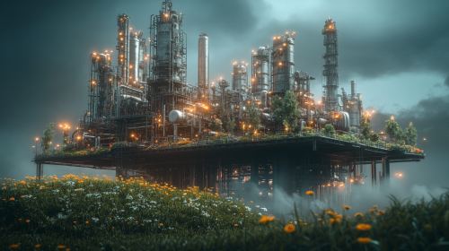 Big platform with flowers in dark cyborg complex