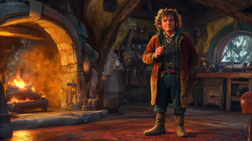 Bilbo Baggins at Bag End fireplace, smoking pipe