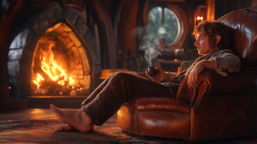 Bilbo Baggins relaxing by fireplace in hyper-realistic 8k