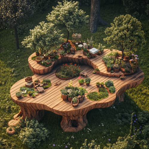 Bird-friendly garden platform with study area on grass