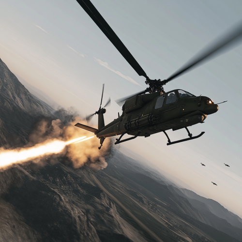 Bird helicopter releasing missiles from 45 degree angle view.