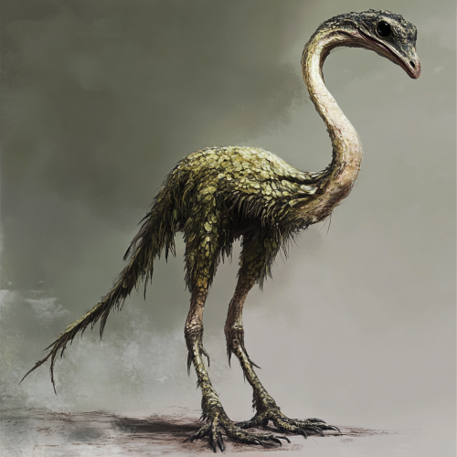 Bird-like creature with scales, ostrich shape, long neck.