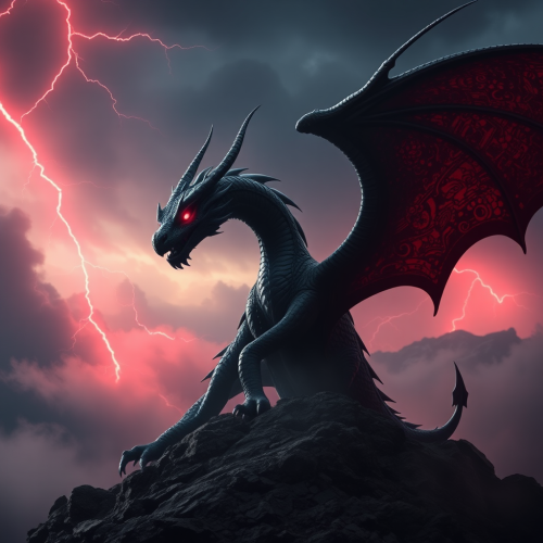 Black Dragon with Red Glowing Eyes in Stormy Sky Black Dragon with Red Glowing Eyes in Stormy Sky