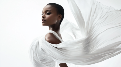 Black Model in Elegant Silk Dress, White Background