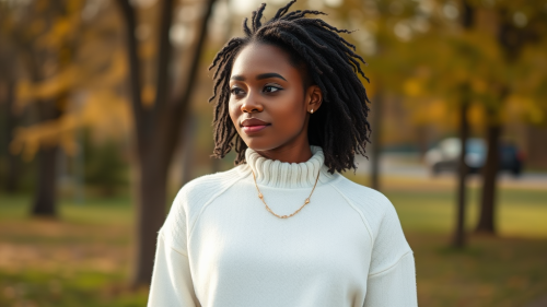 Black Model in White Crew Neck Sweater Outdoors