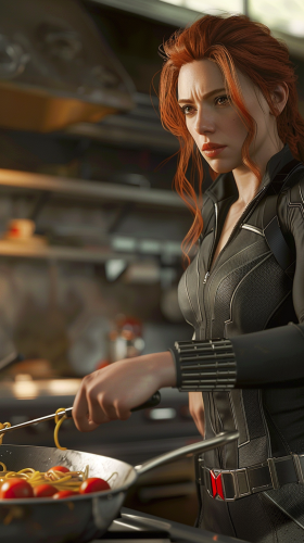 Black Widow Cooking Spaghetti in Stylish Kitchen 