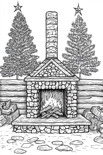 Black and White Christmas Cabin Fireplace Scene Black and White Christmas Cabin Fireplace Scene