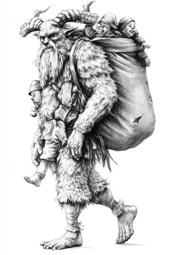 Black and white Krampus concept art design sheet.