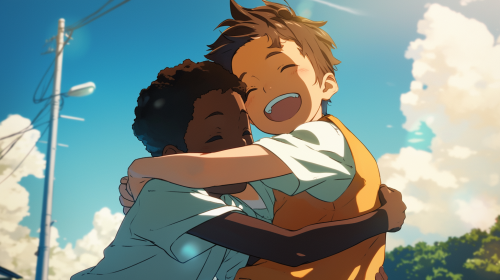 Black and white South African children hug.