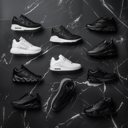 Black and white luxury athletic shoes on marble wall.