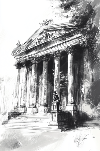 Black and white sketch of neoclassical building behind Bavaria statue in Munich