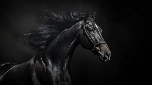 Black horse flying right, wind-blown mane, epic hyperrealistic
