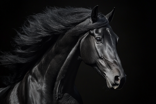 Black horse with big mane in mid-air - Epic photo