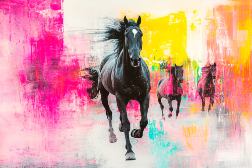 Black horses galloping in detailed background, forward movement