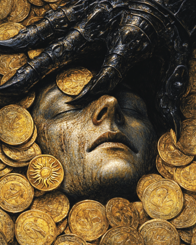 Black knight's clawed hand grips golden coins