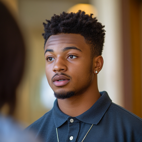 Black male freshman in polo shirt talking to professor.