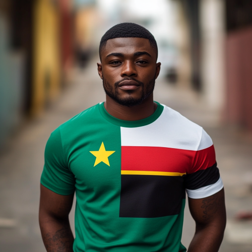 Black man in athletic build wearing flag-themed t-shirt.